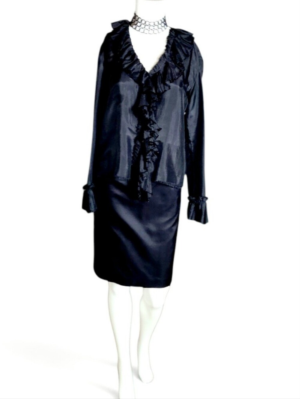Yellow Lotus Los Angeles Vintage Black Silk Ruffle Top - Picture 3 of 3